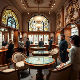 The interior of a classic eyewear store featuring circular furniture elements, including a fitting table with mirrors for customers to try on eyeglasses, and a consultation area designed for comfort and style