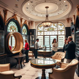 The interior of a classic eyewear store featuring circular furniture elements, including a fitting table with mirrors for customers to try on eyeglasses, and a consultation area designed for comfort and style