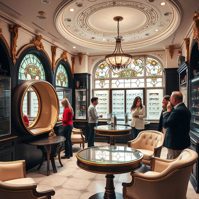 The interior of a classic eyewear store featuring circular furniture elements, including a fitting table with mirrors for customers to try on eyeglasses, and a consultation area designed for comfort and style