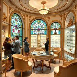 The interior of a classic eyewear store featuring circular furniture elements, including a fitting table with mirrors for customers to try on eyeglasses, and a consultation area designed for comfort and style