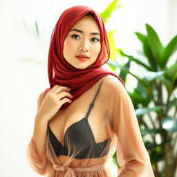 A beautiful Indonesian woman wearing a stylish hijab, elegantly draped and vibrant in color