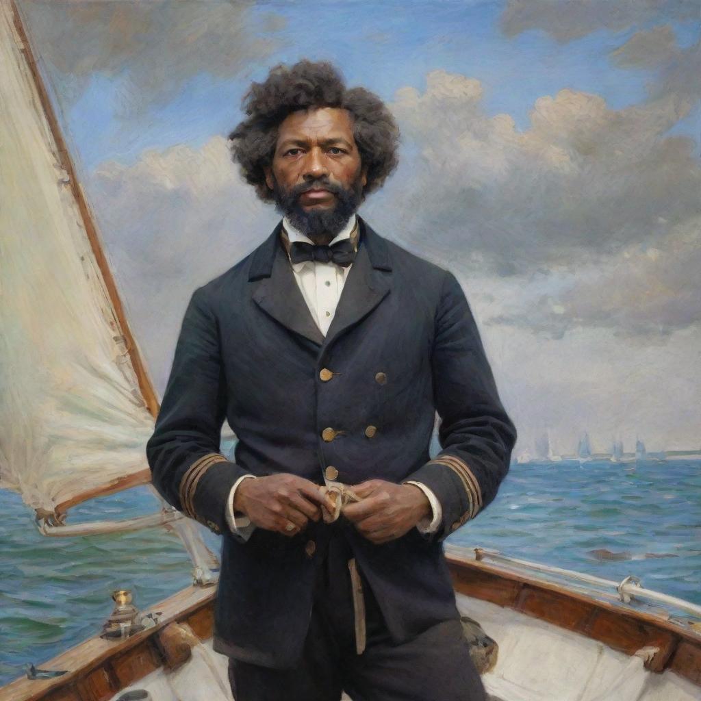 Create an image of a 20-year-old Frederick Douglass as a sailor on a boat, set in Claude Monet's impressionistic style. Young Douglass stands at the helm, the vibrant and dynamic sea and sky emanating the promise of adventurous voyages.