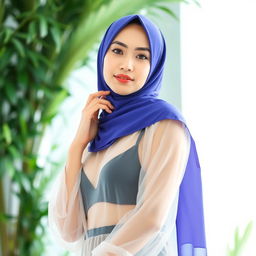 A beautiful Indonesian woman wearing a stylish hijab, elegantly draped and vibrant in color