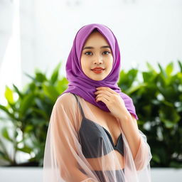 A beautiful Indonesian woman wearing a stylish hijab, elegantly draped and vibrant in color