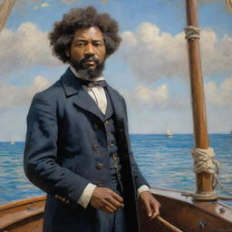 Create an image of a 20-year-old Frederick Douglass as a sailor on a boat, set in Claude Monet's impressionistic style. Young Douglass stands at the helm, the vibrant and dynamic sea and sky emanating the promise of adventurous voyages.