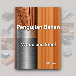 A visually appealing book cover design for the title "Pengujian Bahan: Wood and Steel"