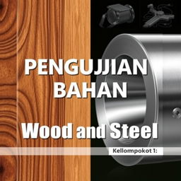 A visually appealing book cover design for the title "Pengujian Bahan: Wood and Steel"