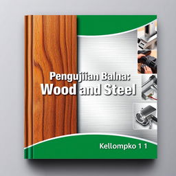 A visually appealing book cover design for the title "Pengujian Bahan: Wood and Steel"