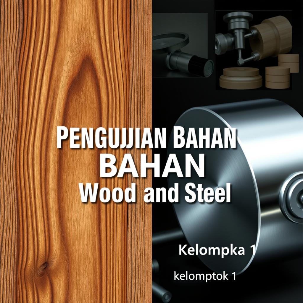 A visually appealing book cover design for the title "Pengujian Bahan: Wood and Steel"