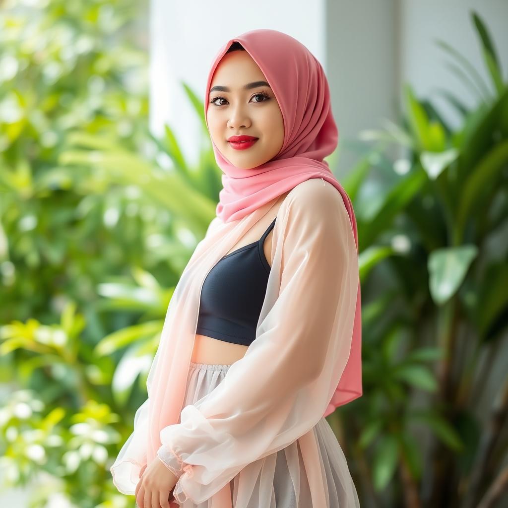 A beautiful Indonesian woman wearing a stylish hijab, elegantly draped and vibrant in color