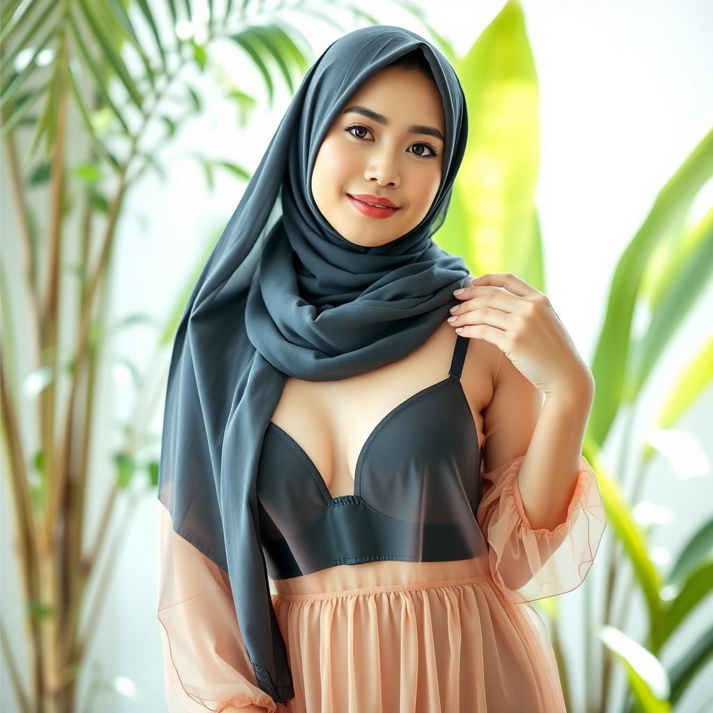 A beautiful Indonesian woman wearing a stylish hijab, elegantly draped and vibrant in color