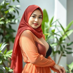 A beautiful Indonesian woman wearing a stylish hijab, elegantly draped and vibrant in color