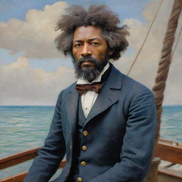 Create an image of a 20-year-old Frederick Douglass as a sailor on a boat, set in Claude Monet's impressionistic style. Young Douglass stands at the helm, the vibrant and dynamic sea and sky emanating the promise of adventurous voyages.