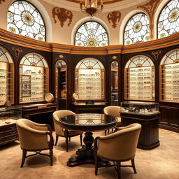 An elegant interior of an eyewear store featuring circular furniture elements