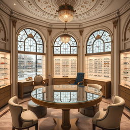 An elegant interior of an eyewear store featuring circular furniture elements