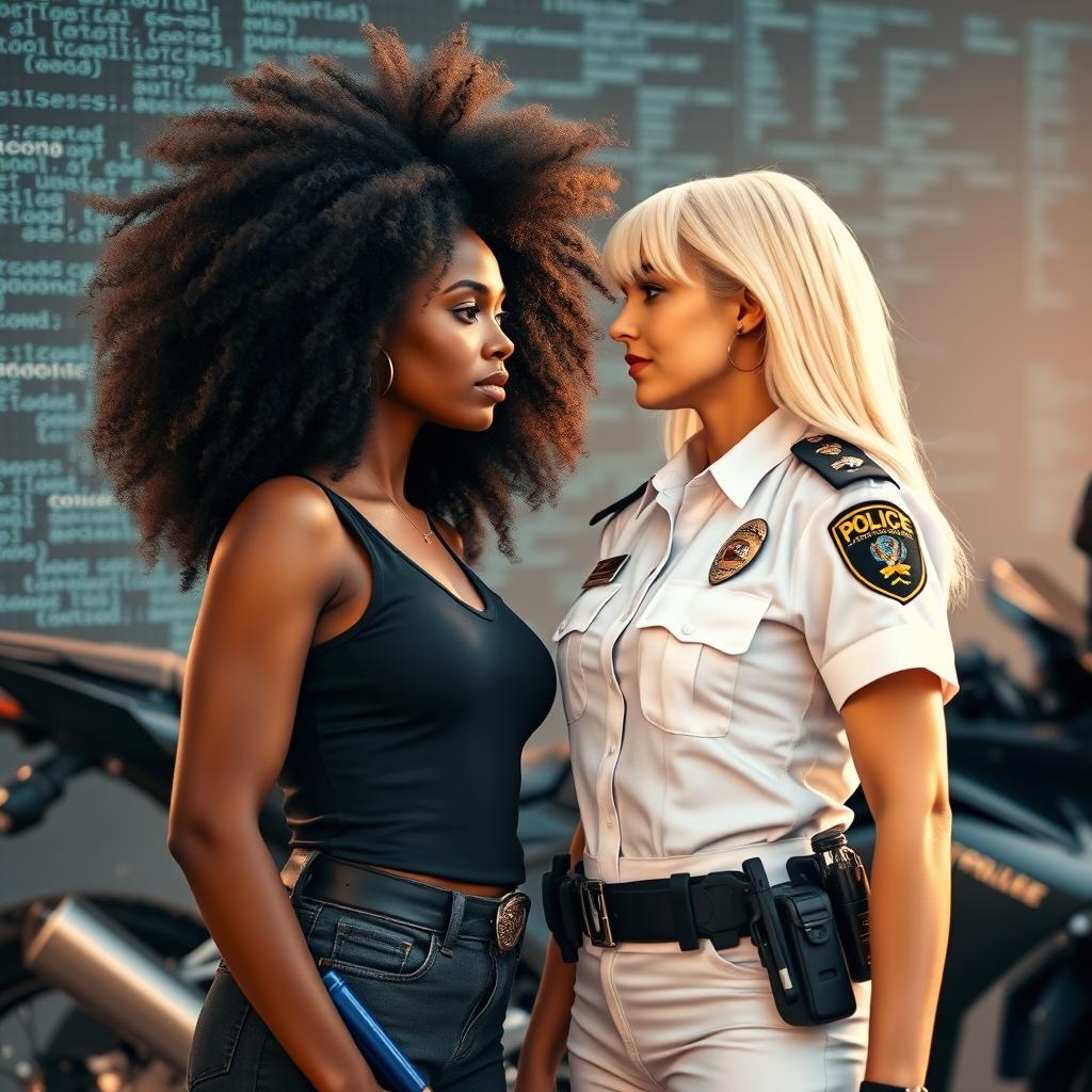 A tall, beautiful white policewoman standing confidently, making eye contact with a stunning black woman with voluminous hair