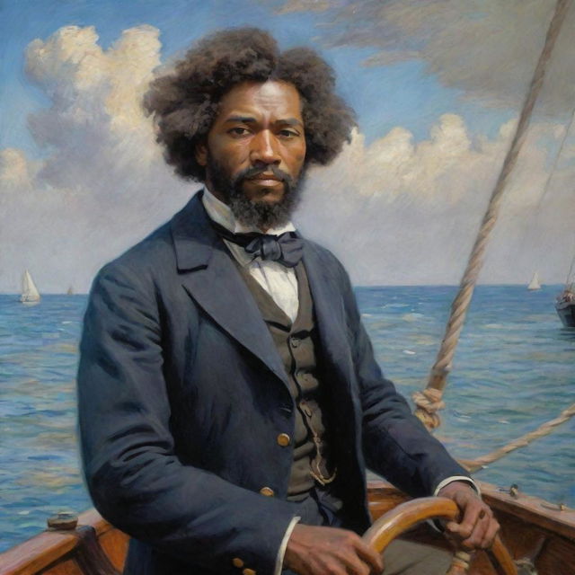 Create an image of a 20-year-old Frederick Douglass as a sailor on a boat, set in Claude Monet's impressionistic style. Young Douglass stands at the helm, the vibrant and dynamic sea and sky emanating the promise of adventurous voyages.