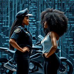 A tall, beautiful white policewoman standing confidently, making eye contact with a stunning black woman with voluminous hair