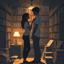 The cover design illustrates the silhouettes of two characters inside a quaint bookstore, softly lit by the warm glow of a reading lamp