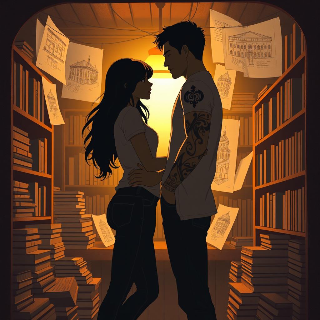 The cover design illustrates the silhouettes of two characters inside a quaint bookstore, softly lit by the warm glow of a reading lamp