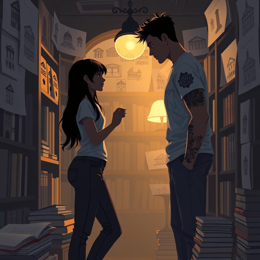 The cover design illustrates the silhouettes of two characters inside a quaint bookstore, softly lit by the warm glow of a reading lamp