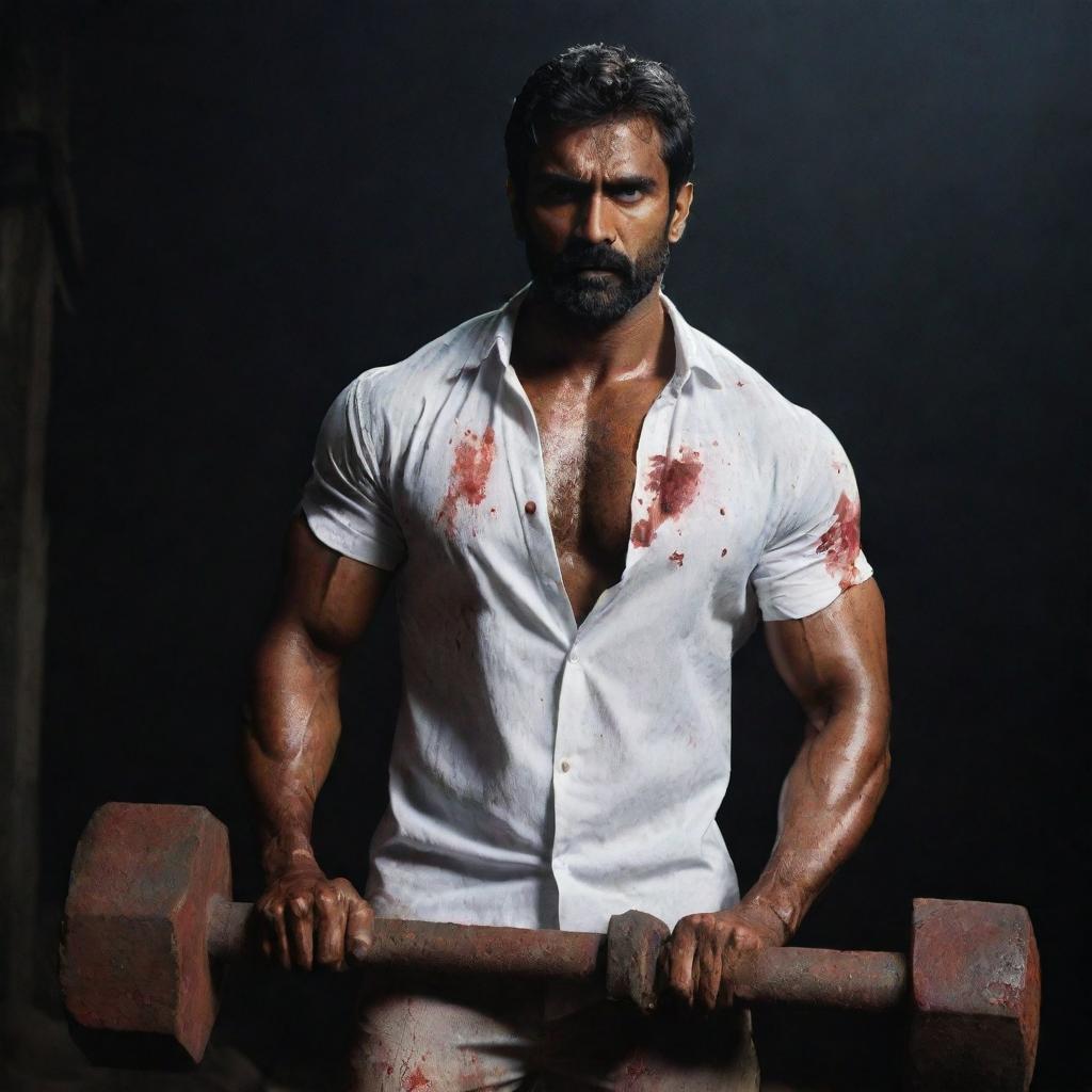 The muscular, tall Indian man in a dark setting, now with red stains adorning his white shirt and the heavy sledgehammer he's holding, adding an eerie contrast in the scene.