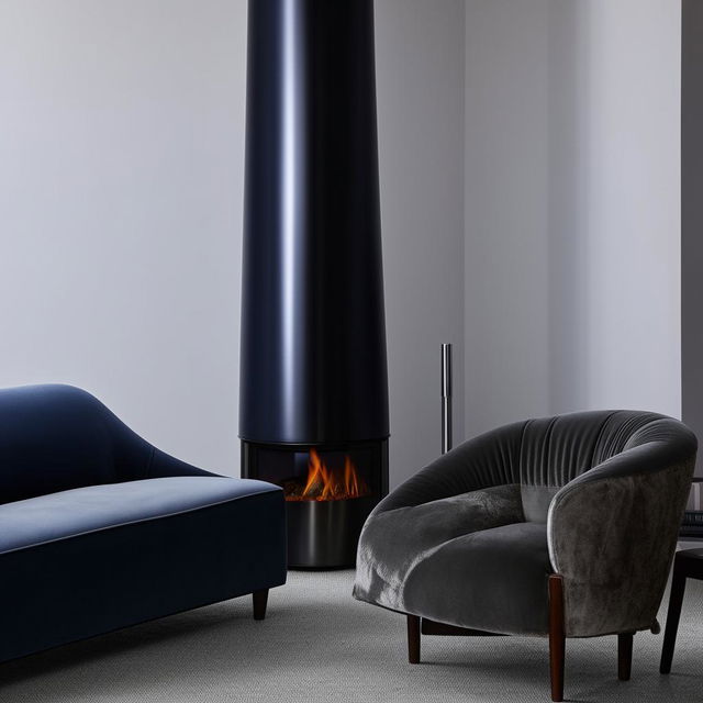 A comfortable living room with a navy blue velvet sofa, a grey velvet chair, an additional leather chair, and a sleek modern chimney.