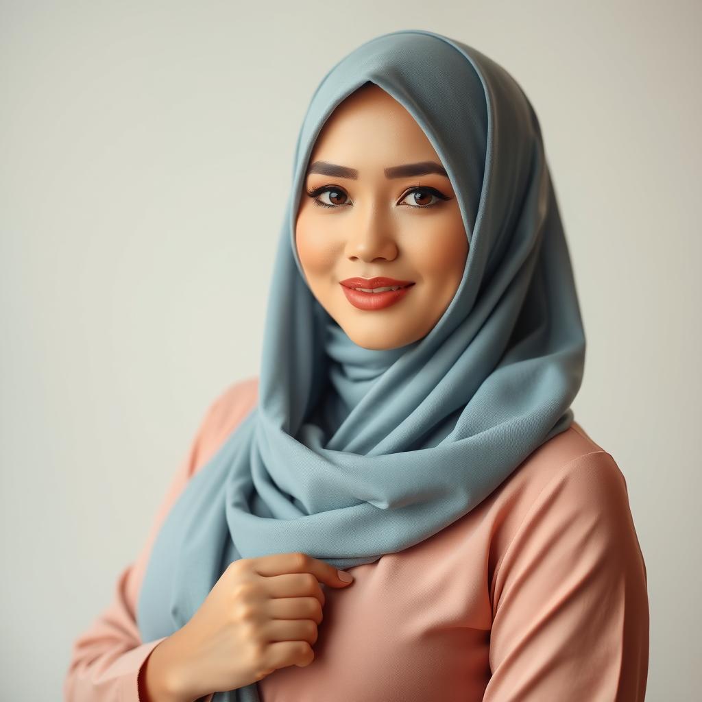 A beautiful Indonesian woman with a stylishly draped hijab, showcasing her confidence and grace