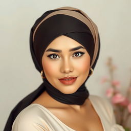 A beautiful Indonesian woman with a stylishly draped hijab, showcasing her confidence and grace