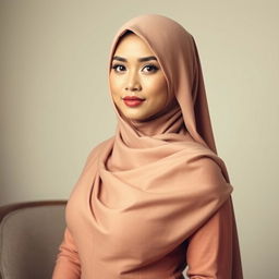 A beautiful Indonesian woman with a stylishly draped hijab, showcasing her confidence and grace