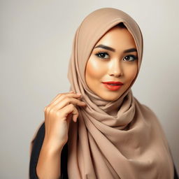 A beautiful Indonesian woman with a stylishly draped hijab, showcasing her confidence and grace