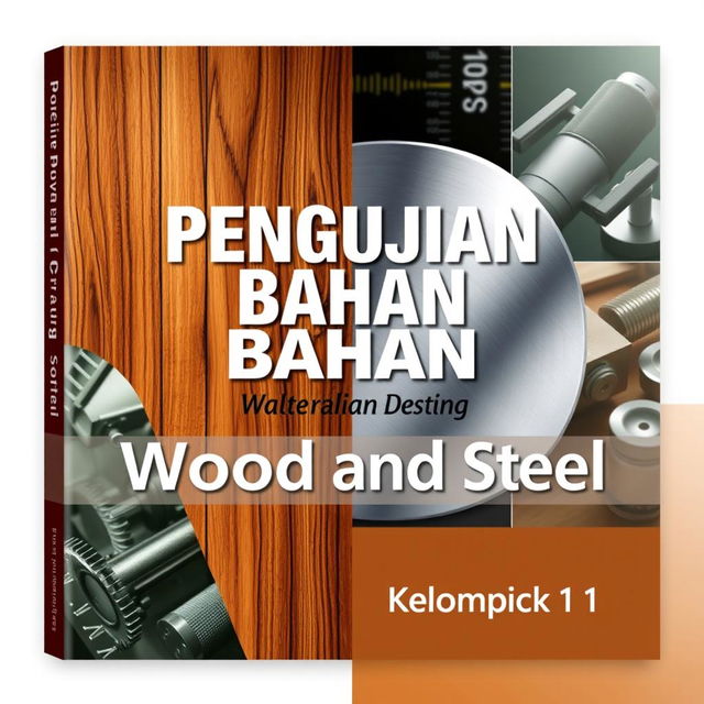 A visually compelling book cover design for the title "Pengujian Bahan: Wood and Steel", specifically designed for A4-sized paper