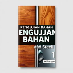 A visually compelling book cover design for the title "Pengujian Bahan: Wood and Steel", specifically designed for A4-sized paper