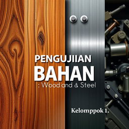 A visually compelling book cover design for the title "Pengujian Bahan: Wood and Steel", specifically designed for A4-sized paper