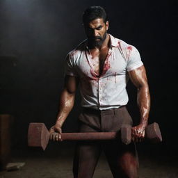 The muscular, tall Indian man in a dark setting, now with red stains adorning his white shirt and the heavy sledgehammer he's holding, adding an eerie contrast in the scene.