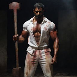 The muscular, tall Indian man in a dark setting, now with red stains adorning his white shirt and the heavy sledgehammer he's holding, adding an eerie contrast in the scene.