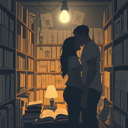 The cover design showcases the silhouettes of two characters nestled within a charming bookstore, illuminated by the soft glow of a reading lamp