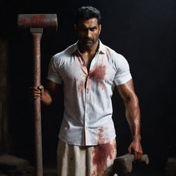 The muscular, tall Indian man in a dark setting, now with red stains adorning his white shirt and the heavy sledgehammer he's holding, adding an eerie contrast in the scene.