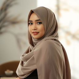 An Indonesian woman with a beautifully draped hijab, exuding confidence and elegance