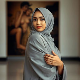 An Indonesian woman with a beautifully draped hijab, exuding confidence and elegance