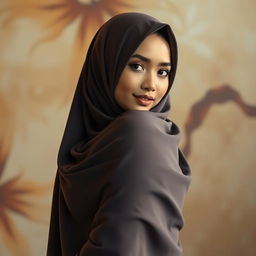 An Indonesian woman with a beautifully draped hijab, exuding confidence and elegance