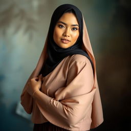 An Indonesian woman with a beautifully draped hijab, exuding confidence and elegance