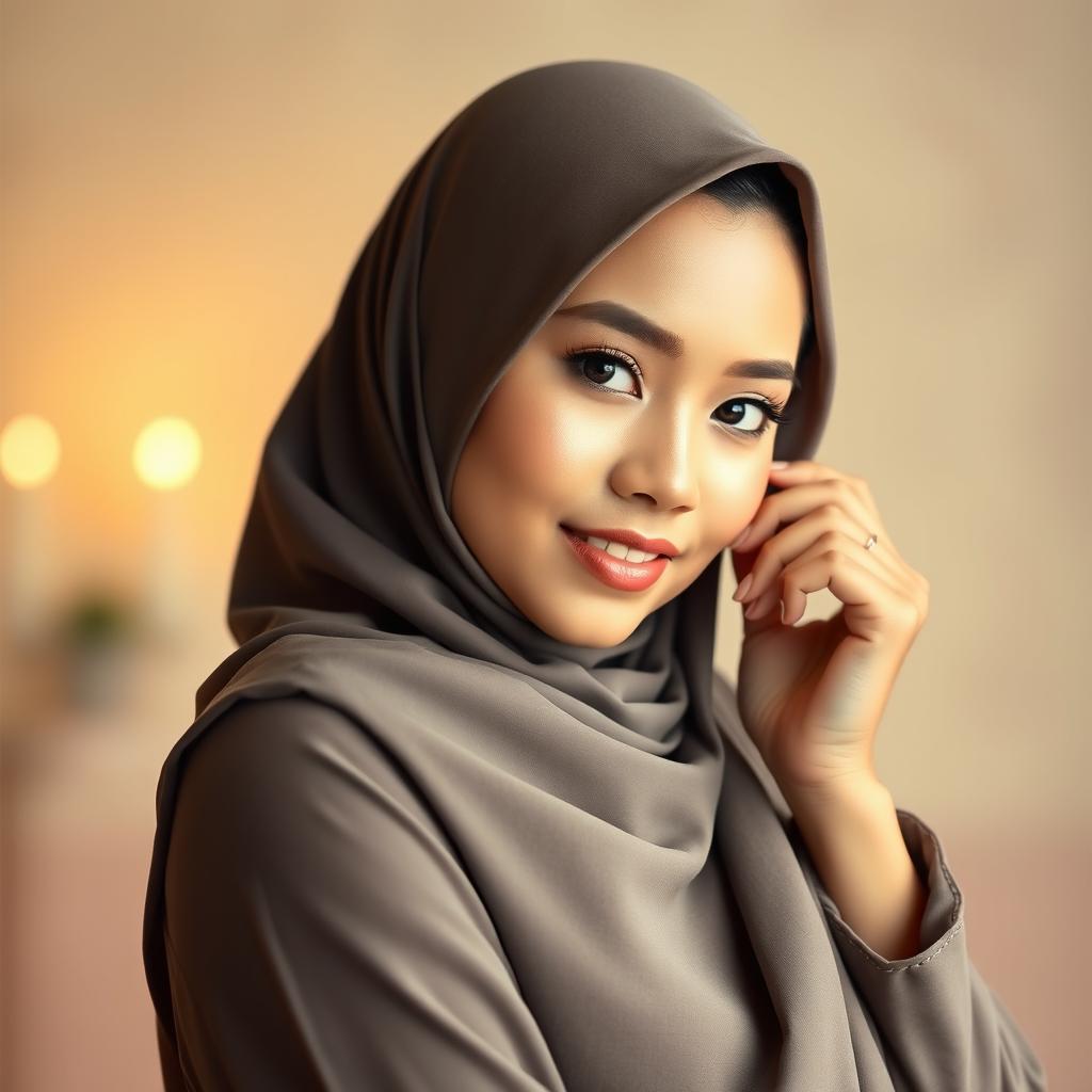 An Indonesian woman gracefully draped in a hijab, posing confidently