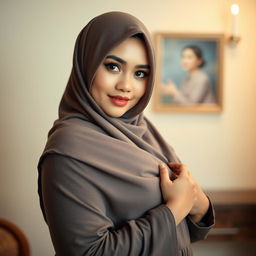 An Indonesian woman gracefully draped in a hijab, posing confidently