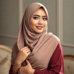 An Indonesian woman gracefully draped in a hijab, posing confidently