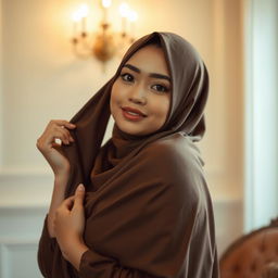 An Indonesian woman gracefully draped in a hijab, posing confidently