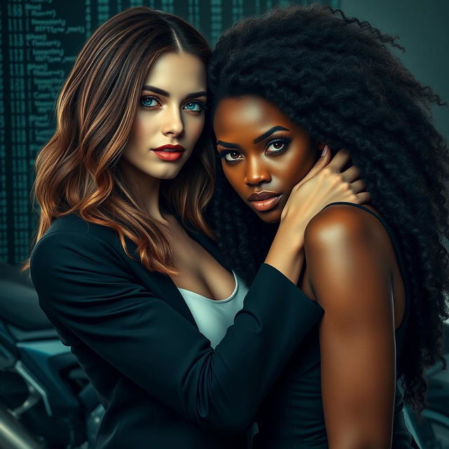 A tall, beautiful white woman detective with brown hair, holding the face of a stunning black woman with voluminous hair