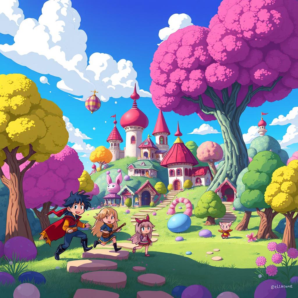 A vibrant scene inspired by the video game Deltarune, showcasing a fantastical landscape filled with surreal, cartoonish characters like Lancer, Kris, and Susie, engaging in a playful adventure