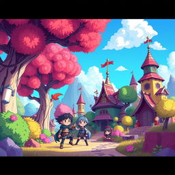 A vibrant scene inspired by the video game Deltarune, showcasing a fantastical landscape filled with surreal, cartoonish characters like Lancer, Kris, and Susie, engaging in a playful adventure