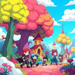 A vibrant scene inspired by the video game Deltarune, showcasing a fantastical landscape filled with surreal, cartoonish characters like Lancer, Kris, and Susie, engaging in a playful adventure